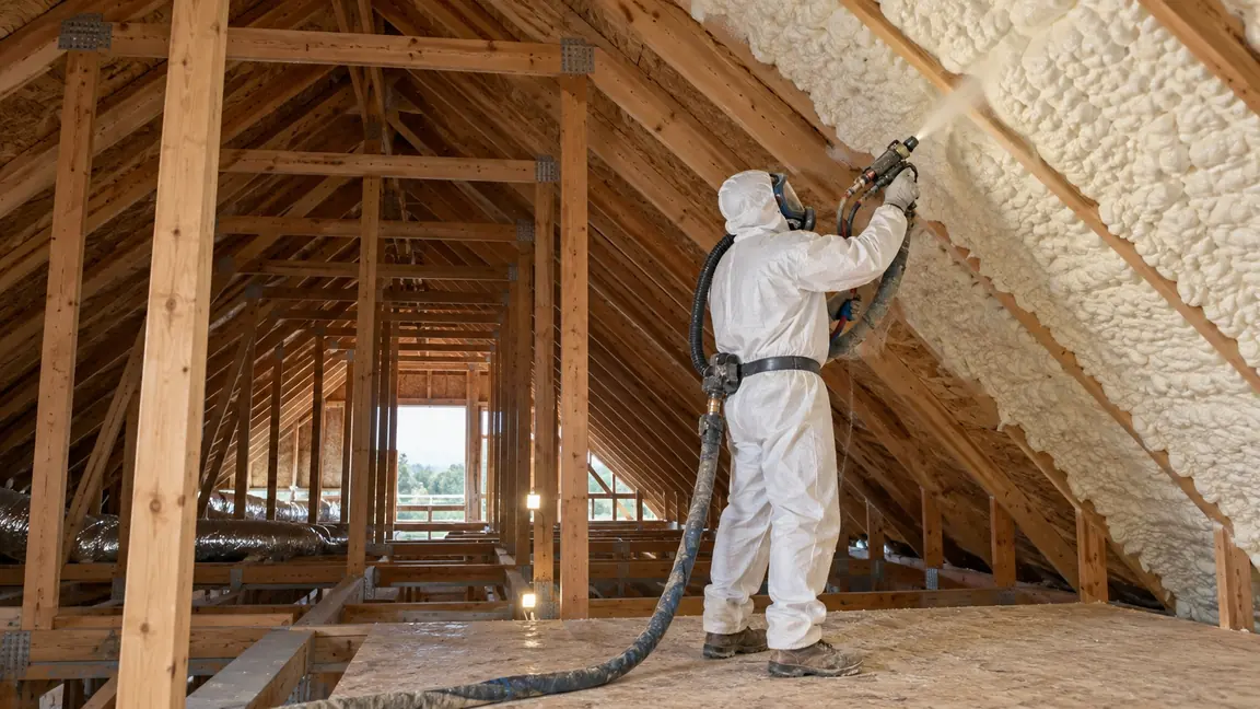 Installer spraying open-cell foam on an attic roof deck in Broken Arrow, Oklahoma