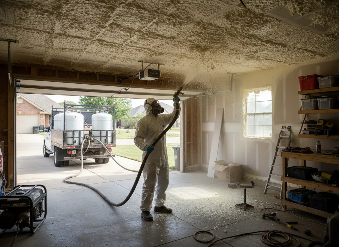 Spray foam insulation in a garage in Broken Arrow, OK